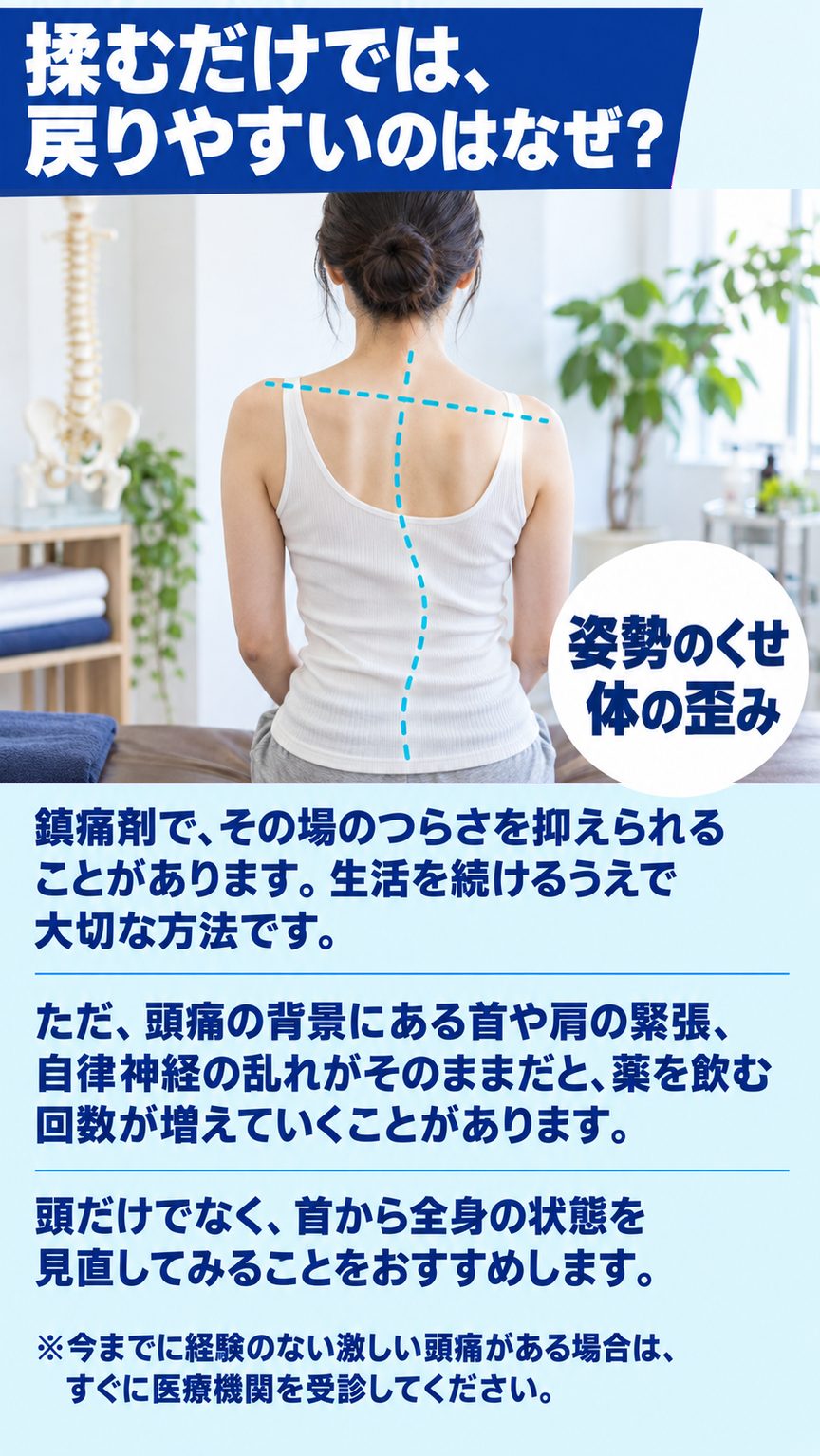 片頭痛｜揉むだけでは、戻りやすいのはなぜ？（姿勢のくせ・体の歪み）
