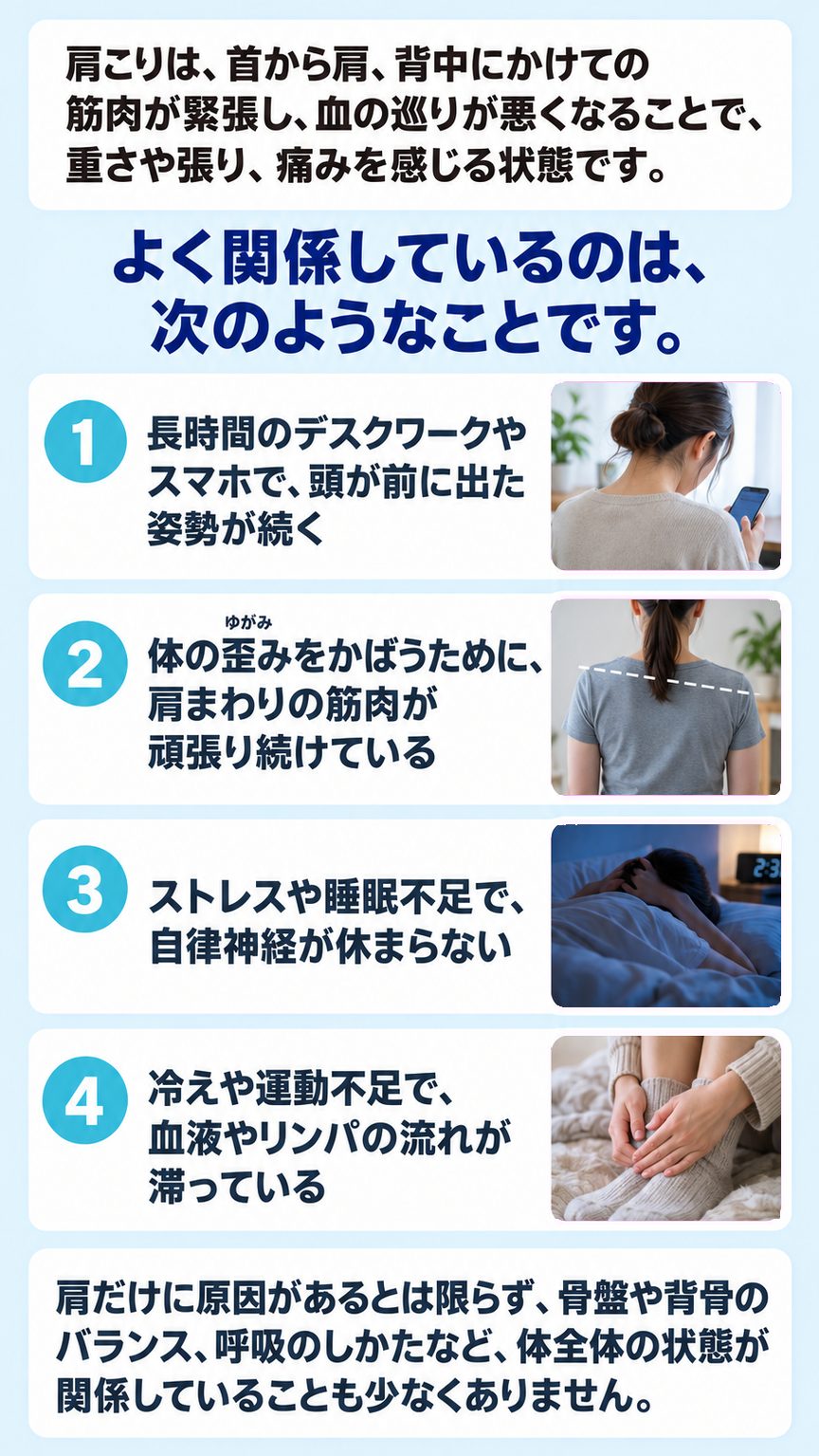 肩こり｜肩こりに関係する4つのこと（姿勢・体の歪み・自律神経・冷え）