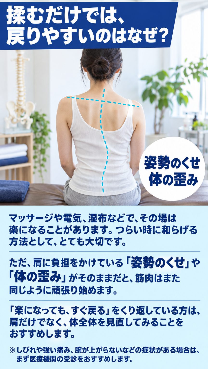 肩こり｜揉むだけでは、戻りやすいのはなぜ？（姿勢のくせ・体の歪み）