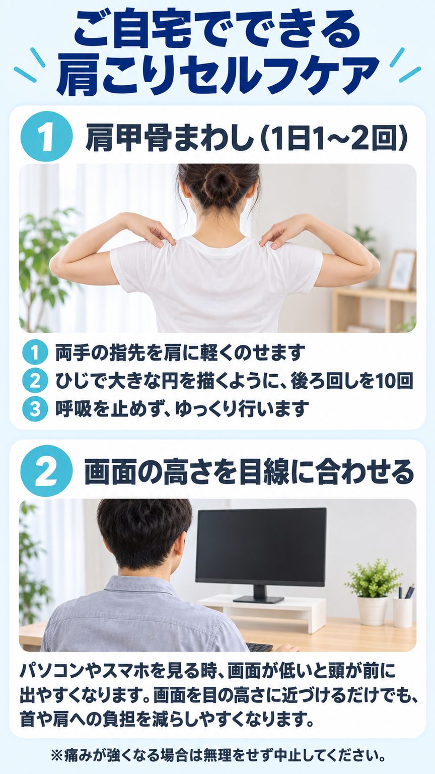 肩こり｜ご自宅でできる肩こりセルフケア（肩甲骨まわし・画面の高さ）