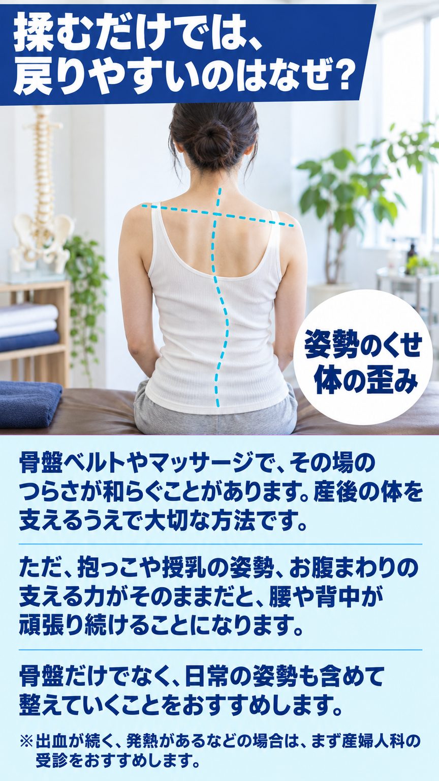 産前産後の骨盤矯正｜揉むだけでは、戻りやすいのはなぜ？（姿勢のくせ・体の歪み）