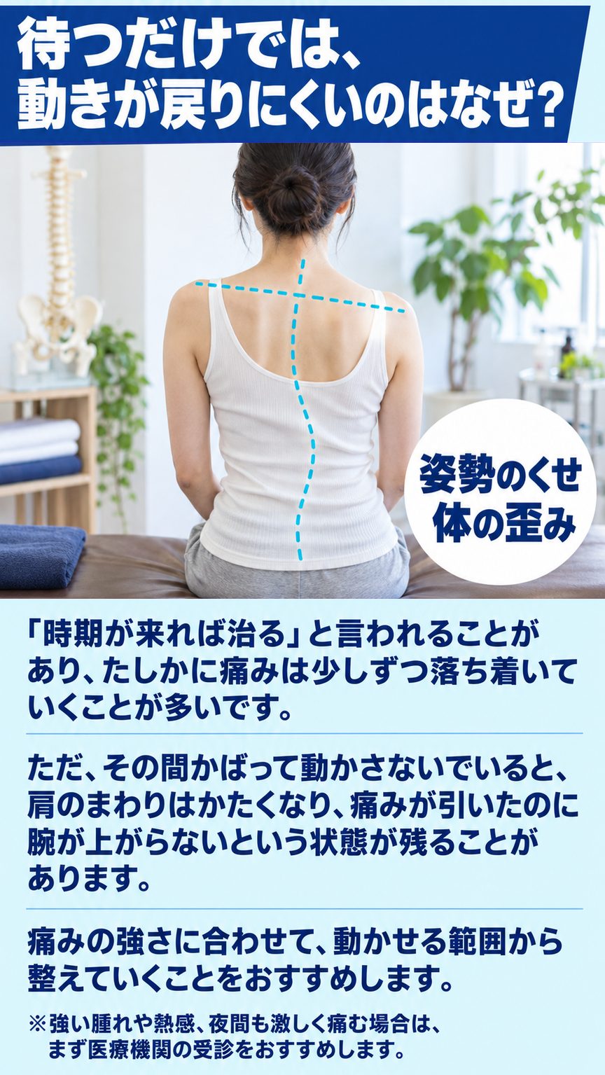 四十肩五十肩｜揉むだけでは、戻りやすいのはなぜ？（姿勢のくせ・体の歪み）